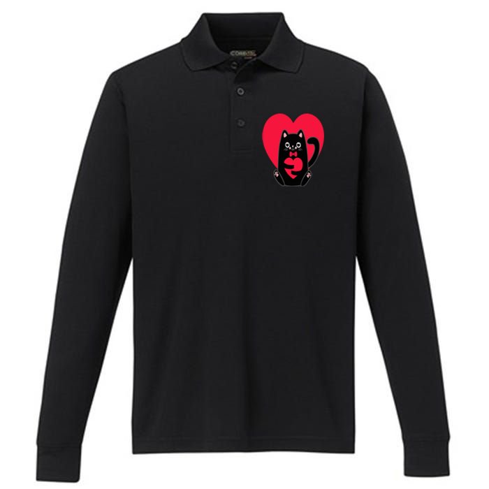 Black Cat Heart Valentines Day Cute Kitten Kitty-Love V Day Performance Long Sleeve Polo