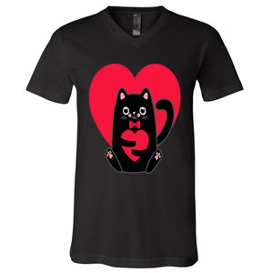 Black Cat Heart Valentines Day Cute Kitten Kitty-Love V Day V-Neck T-Shirt