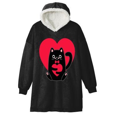 Black Cat Heart Valentines Day Cute Kitten Kitty-Love V Day Hooded Wearable Blanket