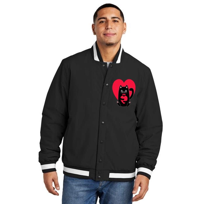 Black Cat Heart Valentines Day Cute Kitten Kitty-Love V Day Insulated Varsity Jacket