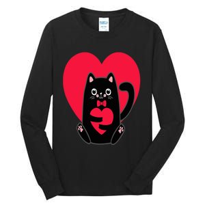 Black Cat Heart Valentines Day Cute Kitten Kitty-Love V Day Tall Long Sleeve T-Shirt