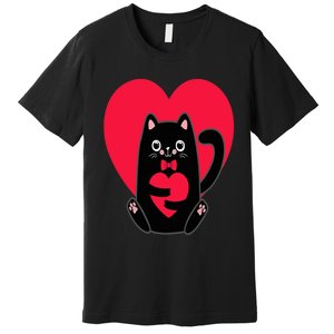 Black Cat Heart Valentines Day Cute Kitten Kitty-Love V Day Premium T-Shirt