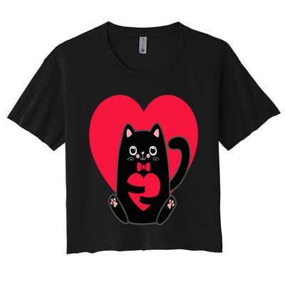 Black Cat Heart Valentines Day Cute Kitten Kitty-Love V Day Women's Crop Top Tee