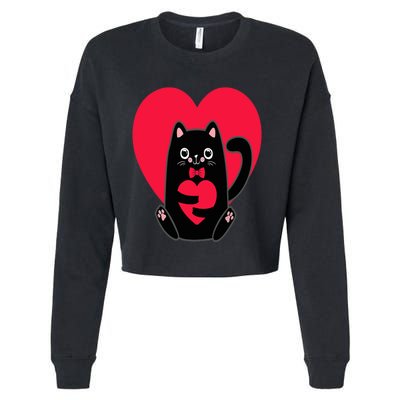 Black Cat Heart Valentines Day Cute Kitten Kitty-Love V Day Cropped Pullover Crew