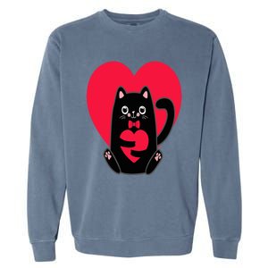 Black Cat Heart Valentines Day Cute Kitten Kitty-Love V Day Garment-Dyed Sweatshirt