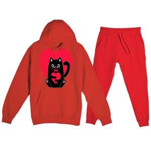 Black Cat Heart Valentines Day Cute Kitten Kitty-Love V Day Premium Hooded Sweatsuit Set