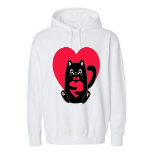 Black Cat Heart Valentines Day Cute Kitten Kitty-Love V Day Garment-Dyed Fleece Hoodie