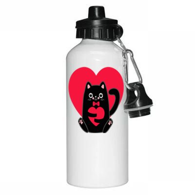 Black Cat Heart Valentines Day Cute Kitten Kitty-Love V Day Aluminum Water Bottle