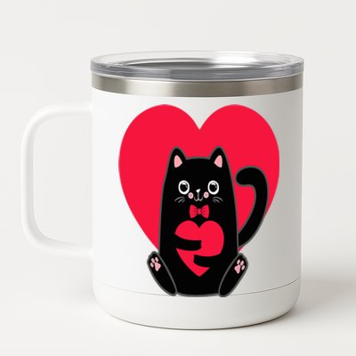 Black Cat Heart Valentines Day Cute Kitten Kitty-Love V Day 12 oz Stainless Steel Tumbler Cup