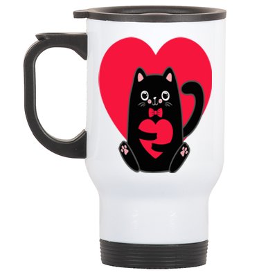 Black Cat Heart Valentines Day Cute Kitten Kitty-Love V Day Stainless Steel Travel Mug