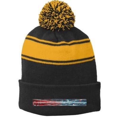 Binary Code Hidden Message Stripe Pom Pom Beanie