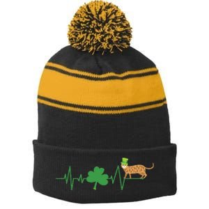 Bengal Cat Heartbeat St Patrick's Day Stripe Pom Pom Beanie