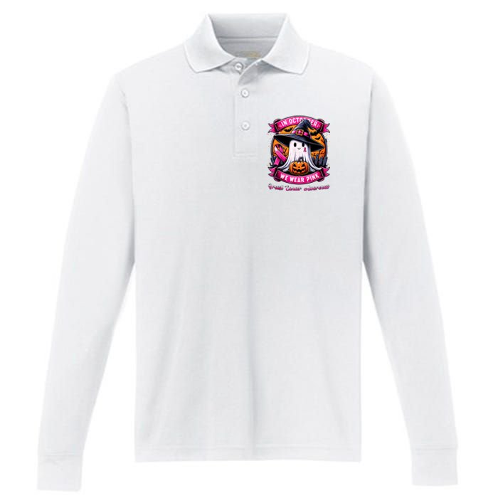 Breast Cancer Halloween In October We Wear Ghost Witch Performance Long Sleeve Polo