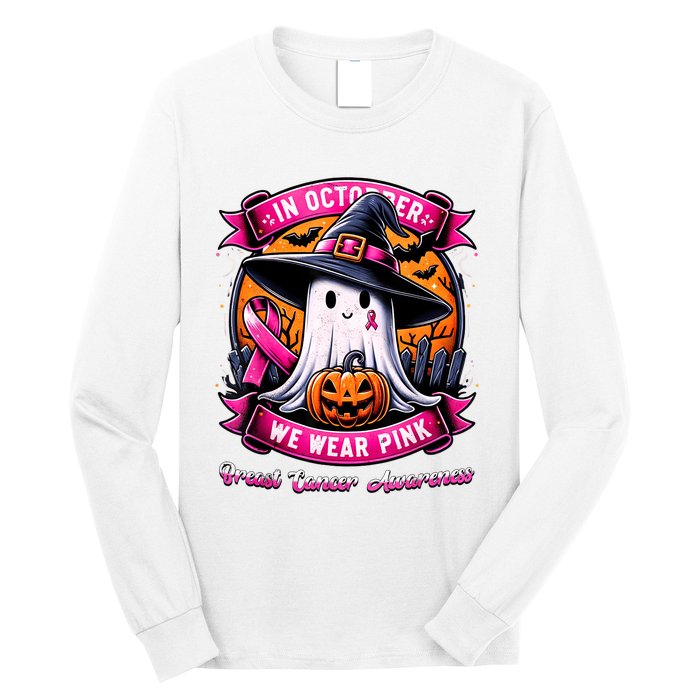 Breast Cancer Halloween In October We Wear Ghost Witch Long Sleeve Shirt