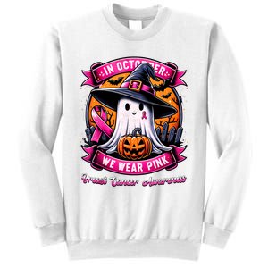 Breast Cancer Halloween In October We Wear Ghost Witch Sweatshirt