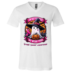 Breast Cancer Halloween In October We Wear Ghost Witch V-Neck T-Shirt