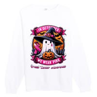 Breast Cancer Halloween In October We Wear Ghost Witch Premium Crewneck Sweatshirt