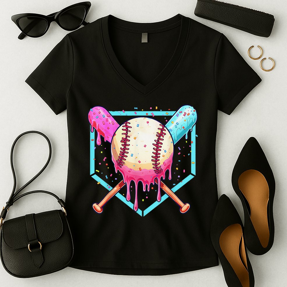 Baseball Cuteping Ice Cream Cute Baseball Season Gift Women's V-Neck T-Shirt
