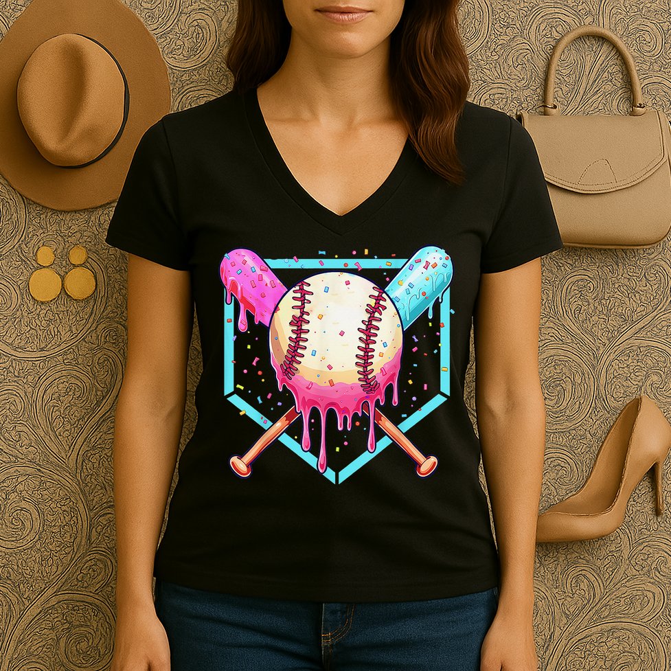 Baseball Cuteping Ice Cream Cute Baseball Season Gift Women's V-Neck T-Shirt