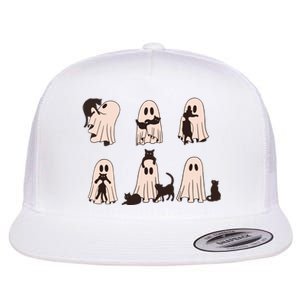 Black Cats In Ghost Costume Cute Ghost Cat Halloween Flat Bill Trucker Hat