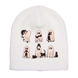 Black Cats In Ghost Costume Cute Ghost Cat Halloween Short Acrylic Beanie