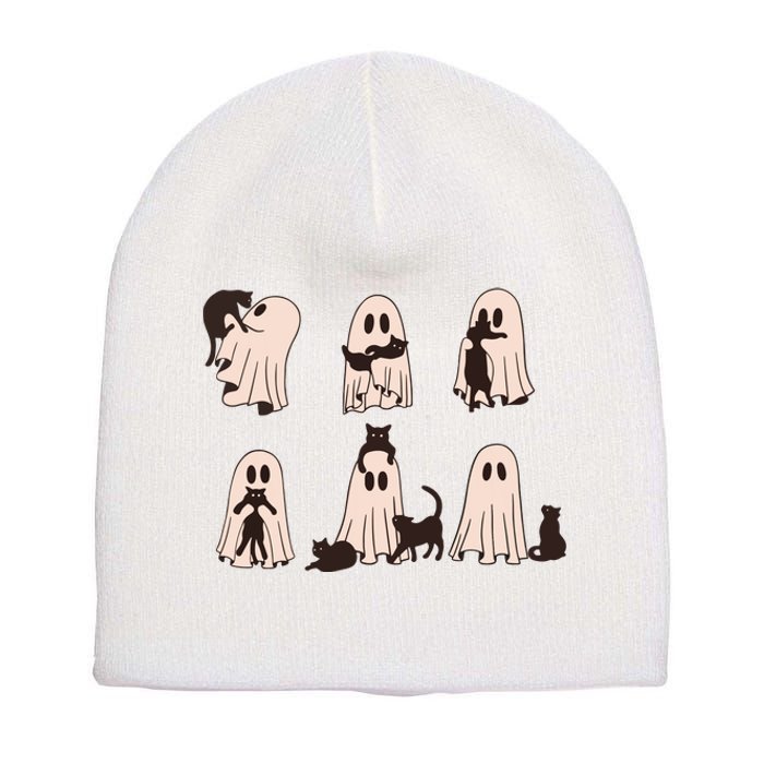 Black Cats In Ghost Costume Cute Ghost Cat Halloween Short Acrylic Beanie