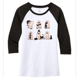 Black Cats In Ghost Costume Cute Ghost Cat Halloween Women's Tri-Blend 3/4-Sleeve Raglan Shirt