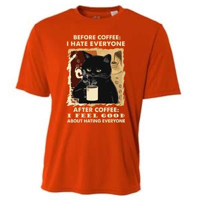 Before Coffee I Hate Everyone After Coffee Black Cat Drink Cooling Performance Crew T-Shirt