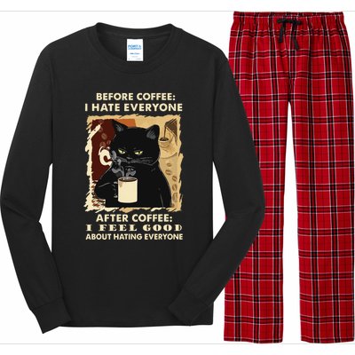 Before Coffee I Hate Everyone After Coffee Black Cat Drink Long Sleeve Pajama Set