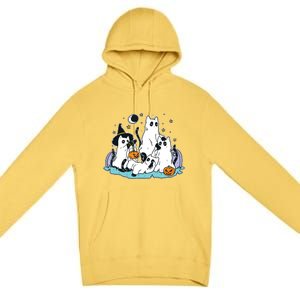 Black Cats In Ghost Costume Cute Women And Halloween Premium Pullover Hoodie