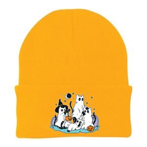 Black Cats In Ghost Costume Cute Women And Halloween Knit Cap Winter Beanie