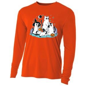 Black Cats In Ghost Costume Cute Women And Halloween Cooling Performance Long Sleeve Crew