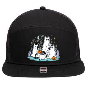 Black Cats In Ghost Costume Cute Women And Halloween 7 Panel Mesh Trucker Snapback Hat