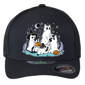 Black Cats In Ghost Costume Cute Women And Halloween Flexfit Unipanel Trucker Cap