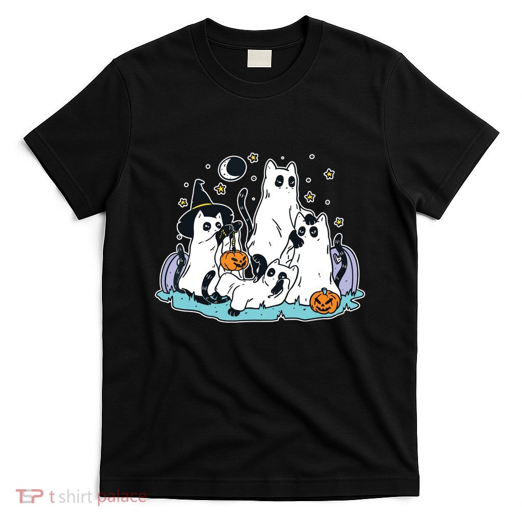 Black Cats In Ghost Costume Cute Women And Halloween T-Shirt