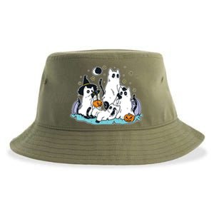 Black Cats In Ghost Costume Cute Women And Halloween Sustainable Bucket Hat