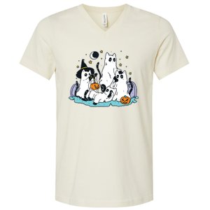 Black Cats In Ghost Costume Cute Women And Halloween V-Neck T-Shirt