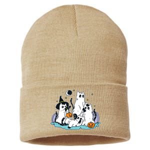 Black Cats In Ghost Costume Cute Women And Halloween Sustainable Knit Beanie