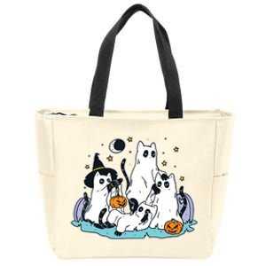 Black Cats In Ghost Costume Cute Women And Halloween Zip Tote Bag