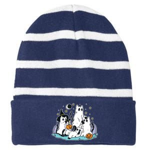 Black Cats In Ghost Costume Cute Women And Halloween Striped Beanie with Solid Band