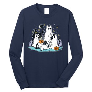 Black Cats In Ghost Costume Cute Women And Halloween Long Sleeve Shirt