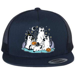 Black Cats In Ghost Costume Cute Women And Halloween Flat Bill Trucker Hat