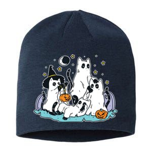 Black Cats In Ghost Costume Cute Women And Halloween Sustainable Beanie