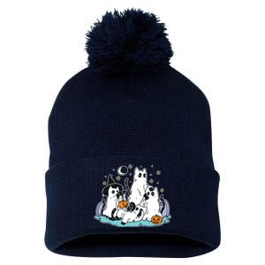 Black Cats In Ghost Costume Cute Women And Halloween Pom Pom 12in Knit Beanie