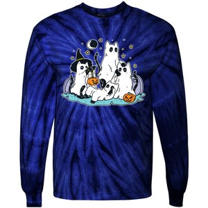 Black Cats In Ghost Costume Cute Women And Halloween Tie-Dye Long Sleeve Shirt