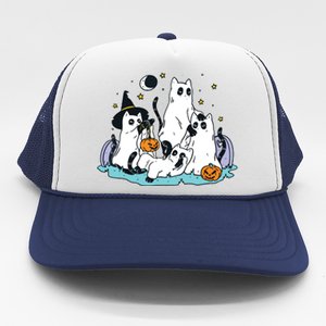 Black Cats In Ghost Costume Cute Women And Halloween Trucker Hat