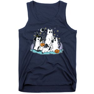 Black Cats In Ghost Costume Cute Women And Halloween Tank Top