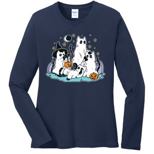 Black Cats In Ghost Costume Cute Women And Halloween Ladies Long Sleeve Shirt