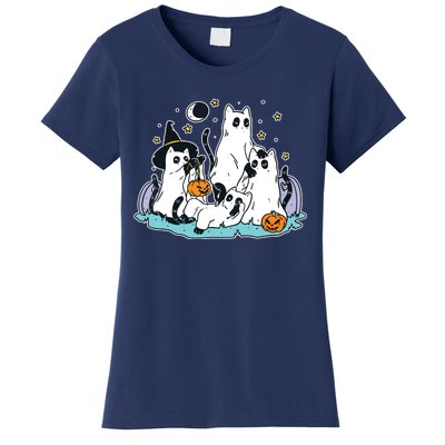 Black Cats In Ghost Costume Cute Women And Halloween Women's T-Shirt