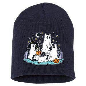 Black Cats In Ghost Costume Cute Women And Halloween Short Acrylic Beanie